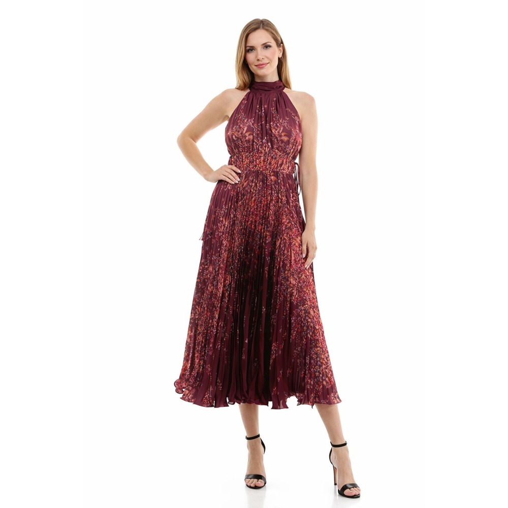 TAYLOR New Halter Floral Pleated Maxi Dress Burgundy Sleeveless Casual 14‎